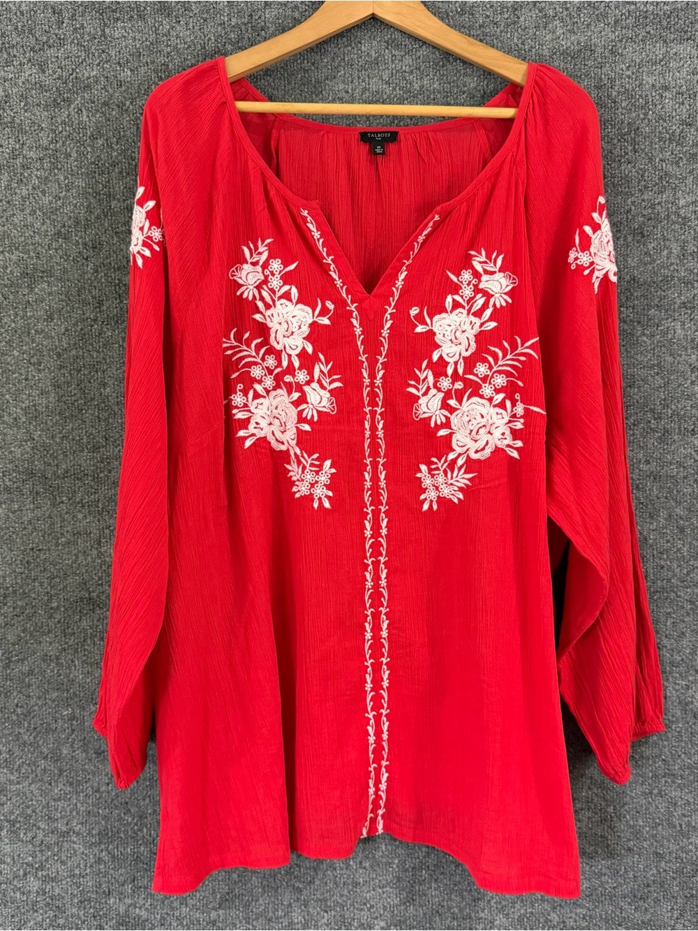 Talbots Womens 3X Embroidered Floral Boho Top Red White Long Sleeve Split V Neck